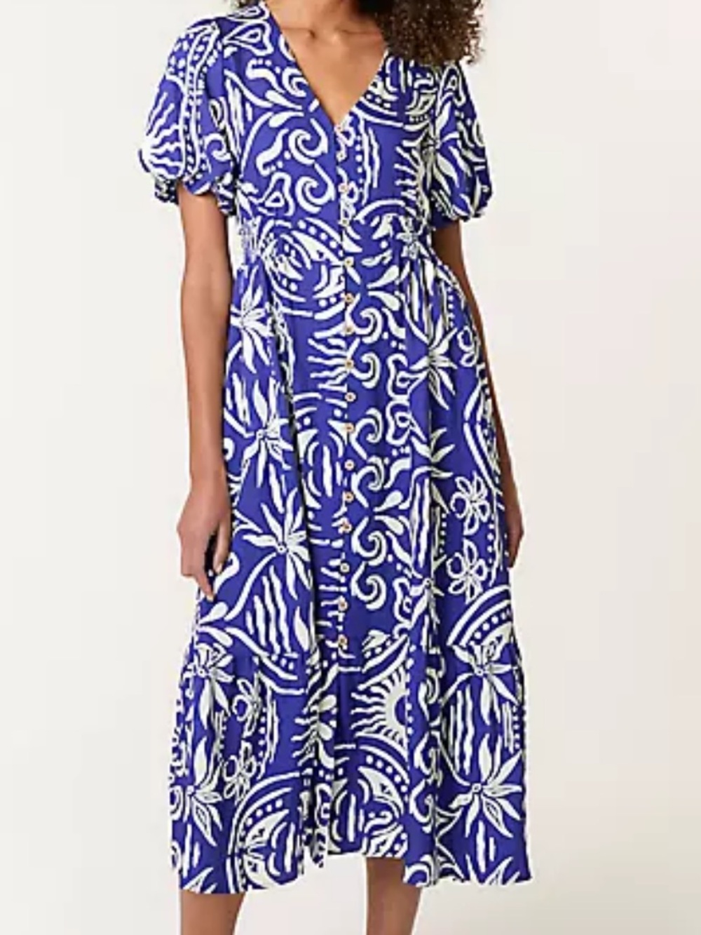 Anna Grace Blue & White Printed Puff Sleeve Midi Dress